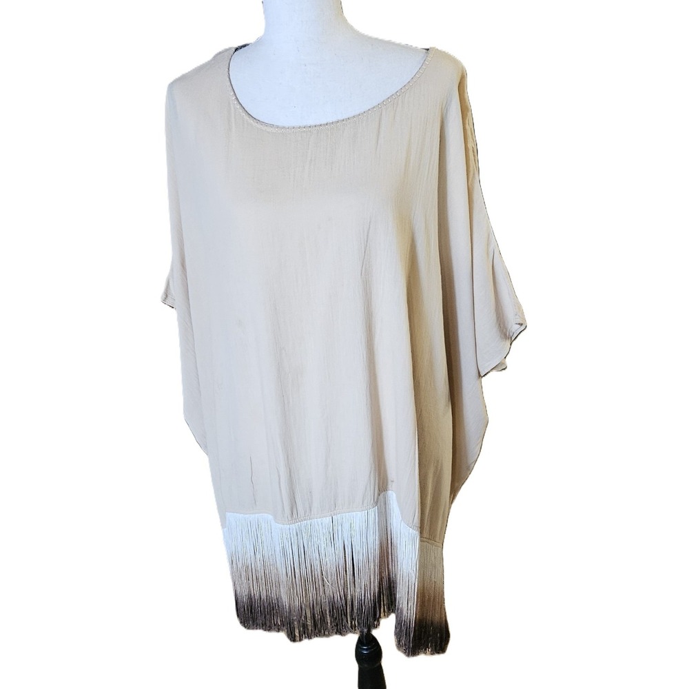 Chico's Travelers Poncho Kimono Tan Ombre Fringe SZ 2/3 Boho,Hippie,Festival